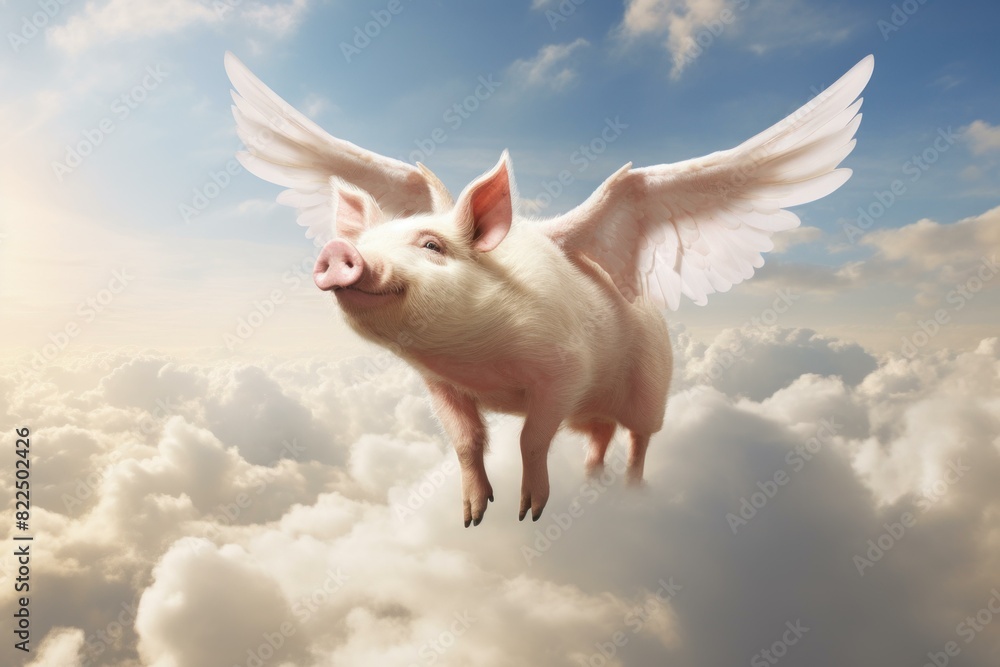 Whimsical image of a pig with large white wings soaring through a cloudy sky Whimsical image of a pig with large white wings soaring through a cloudy sky