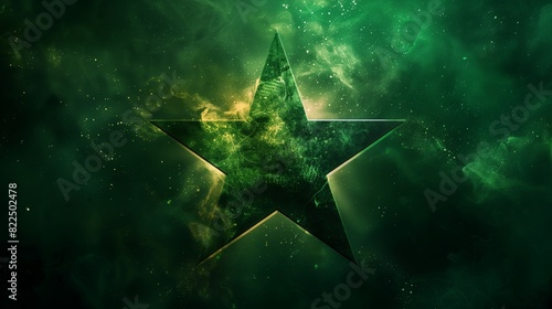 A green five-pointed star in a vast space filled with countless stars