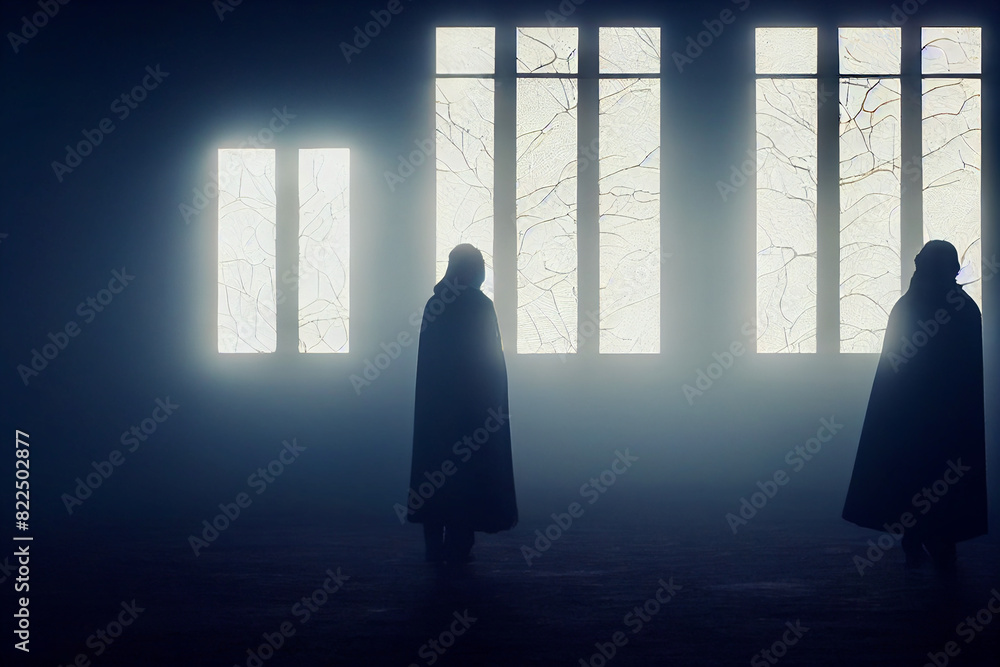 Silhouette of people in an ominous empty hallway Silhouette of people in an ominous empty hallway