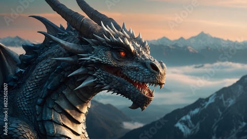 A majestic dragon with shimmering scales, sharp claws, and piercing eyes, hovering over a vast mountain range with snow-capped peaks and misty valleys. Generative AI photo