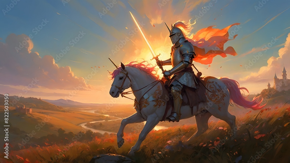 Fototapeta premium In a medieval fantasy realm, a brave knight charges into battle atop a majestic unicorn, wielding a gleaming sword. AI. Digital Art