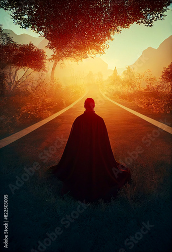 Silhouette of a person standing on a mysterious road