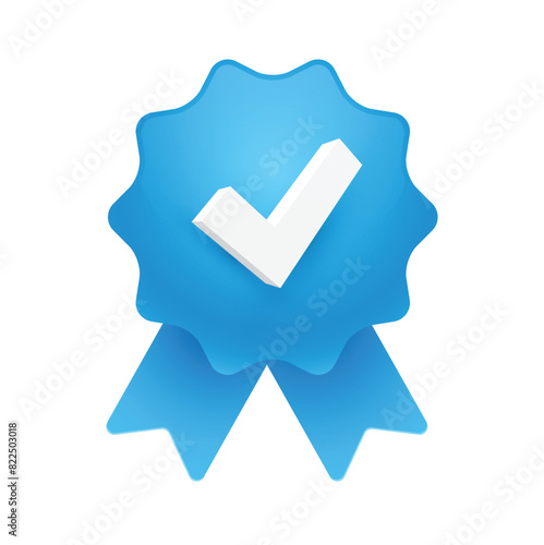 Blue Ribbon Badge With White Check Mark Signifying Achievement and Validation. Vector Illustration. 