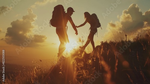 Silhouette of Male and female hikers climbing up mountain top and one of them giving helping hand. People helping and, team work concept photo