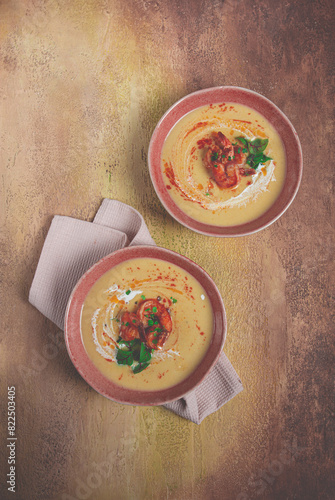 pumpkin cream soup with shrimp, herbs and spices, homemade, no people,