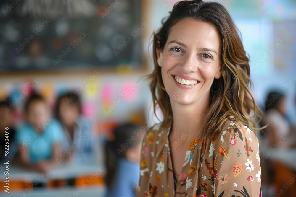 young smiling school teacher with blurred modern classroom with kids in the background back to school young smiling school teacher with blurred modern classroom with kids in the background back to school