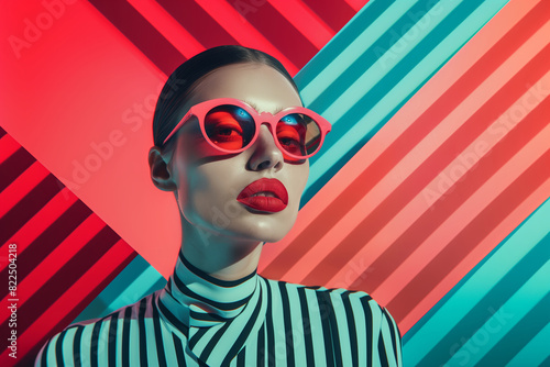 Fashion-forward model with red sunglasses poses with a bold striped background in red and blue tones