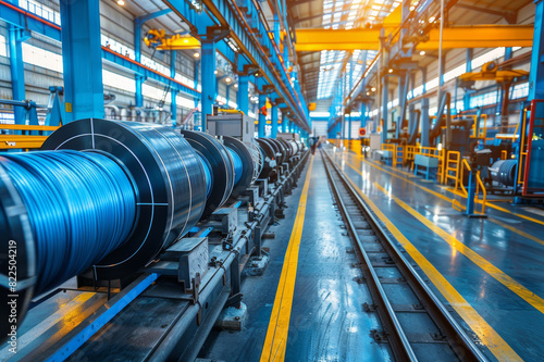 Steel wire manufacturing process in a modern factory, highlighting advanced machinery, large wire spools, and focused workers ensuring quality production.. AI generated.
