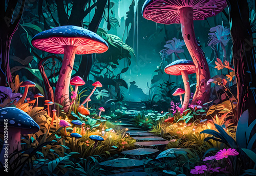 A neon-lit jungle clearing with a colorful array of flowers  mushrooms  and other fantastical flora vector art illustration generative AI image. 