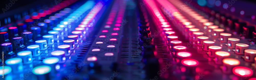 An artistic long exposure image of light trails across an audio mixing console, emphasizing depth and color An artistic long exposure image of light trails across an audio mixing console, emphasizing depth and color