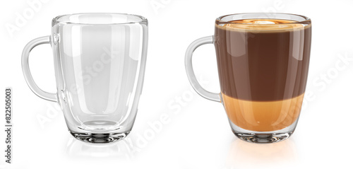Realistic glass mugs set of transparent empty mug and latte coffee mug. 3d illustration on white background