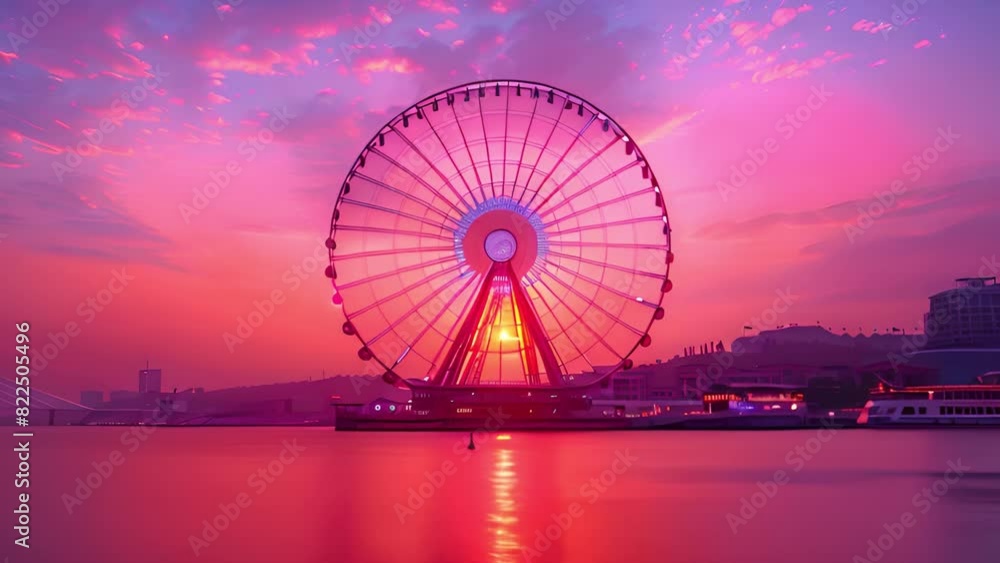 This ferris wheel is positioned on top of a large body of water. Ferris Wheel Floating on Body of Water This ferris wheel is positioned on top of a large body of water. Ferris Wheel Floating on Body of Water
