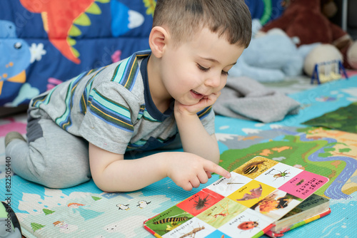 young boy reading a book with animal pictures