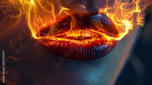 Woman lips on fire with glowing flames photo