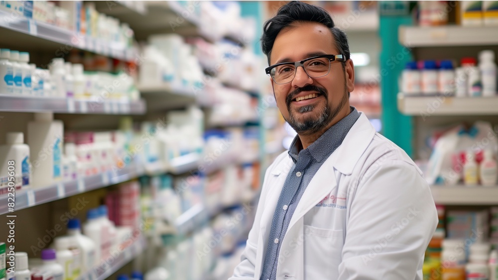 a man in a white pharmacist coat standing in a pharmacy with shelves stocked with various pharmaceutical products behind