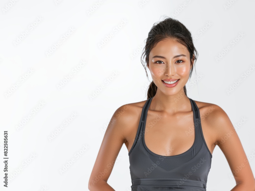 Young slim athletic brunette on a gray background. Active lifestyle, weight loss, motivation. Young slim athletic brunette on a gray background. Active lifestyle, weight loss, motivation.