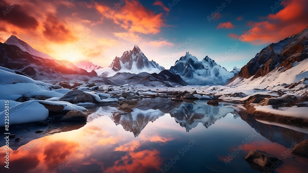 Obraz premium Mountain landscape with a crystal-clear lake reflecting snowy peaks under a blue sky, sunset