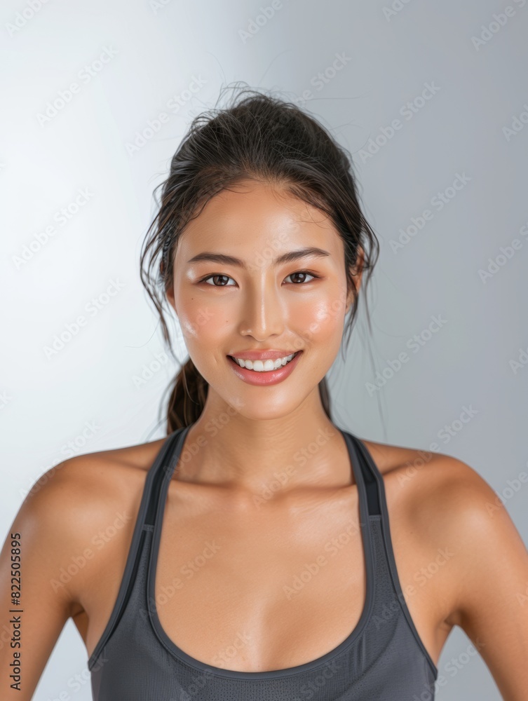 Young slim athletic brunette asian woman on a gray background. Active lifestyle, weight loss, motivation. Young slim athletic brunette asian woman on a gray background. Active lifestyle, weight loss, motivation.