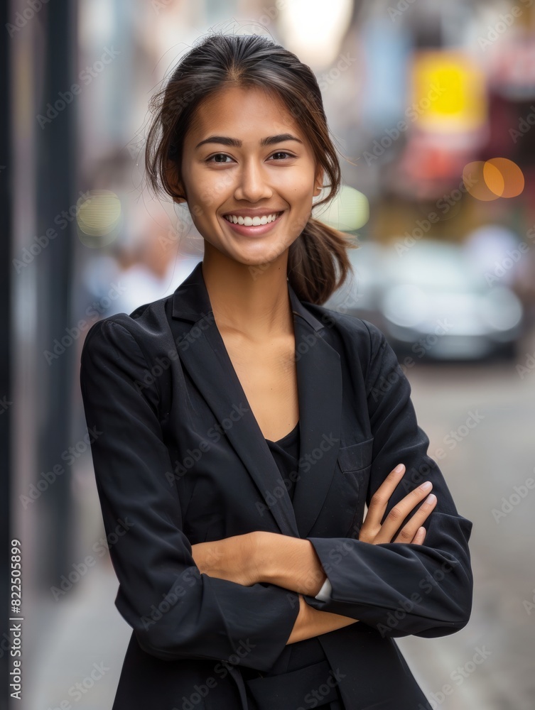 Young happy pretty smiling professional business woman, happy confident positive female entrepreneur standing outdoor on street arms crossed, looking at camera, Generative AI Young happy pretty smiling professional business woman, happy confident positive female entrepreneur standing outdoor on street arms crossed, looking at camera, Generative AI