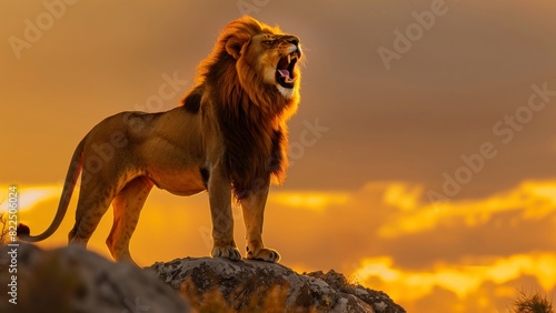 a majestic lion standing on a rocky outcrop  roaring with a powerful and commanding presence features a dramatic sky with hues of yellow and orange  possibly at sunrise or sunset background