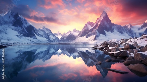 Mountain landscape with a crystal-clear lake reflecting snowy peaks under a blue sky, sunset #822506066
