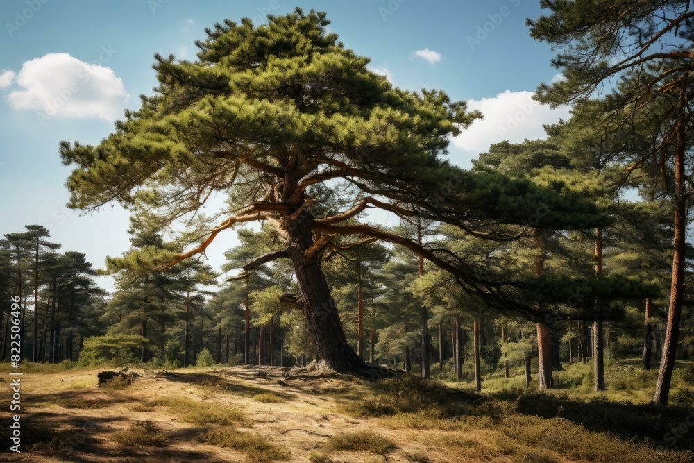 Solitary pine tree stands tall amidst a tranquil forest setting, bathed in soft sunlight Solitary pine tree stands tall amidst a tranquil forest setting, bathed in soft sunlight