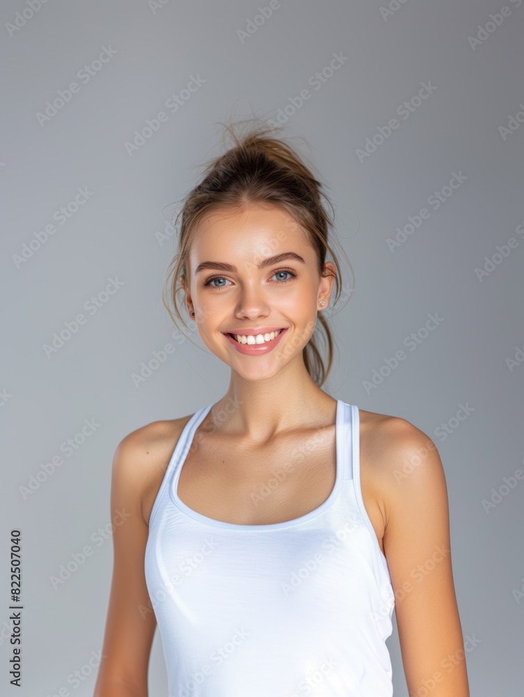 Young slim athletic brunette on a gray background. Active lifestyle, weight loss, motivation. Young slim athletic brunette on a gray background. Active lifestyle, weight loss, motivation.