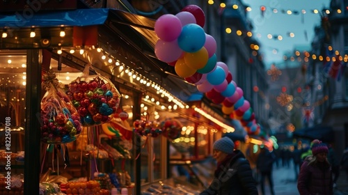 The stand is adorned with fairy lights and bright balloons making it stand out against the dreary backdrop of buildings.