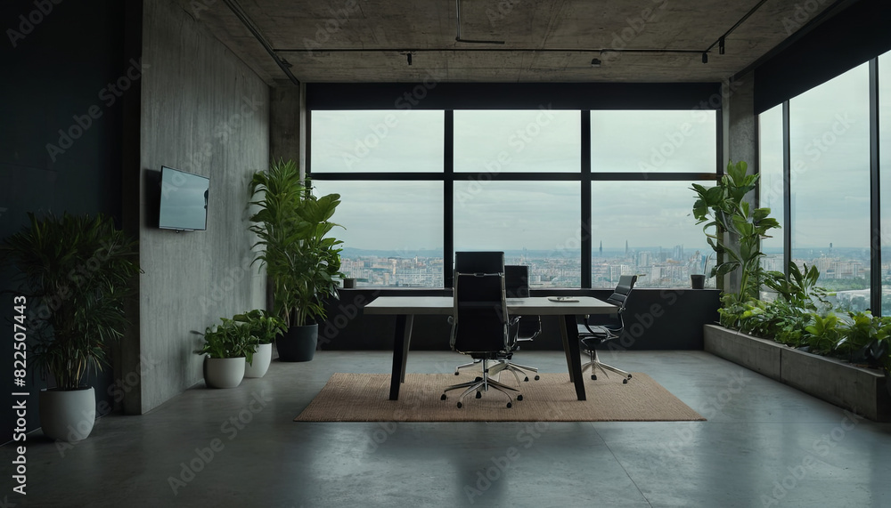 Fototapeta premium A room featuring a table, chairs, plants, and a large window providing ample natural light