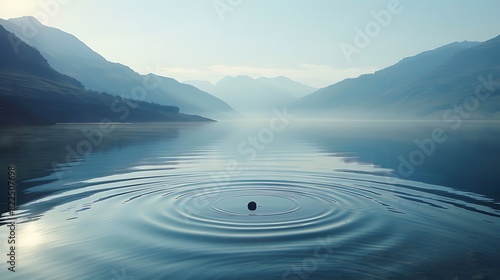 A calm lake with ripples from a skipping stone, surrounded by mountains