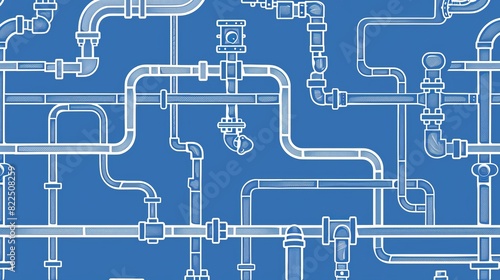Horizontal industrial seamless pattern: white piping on a blue background for water, gas, oil. Illustration in line art style.
