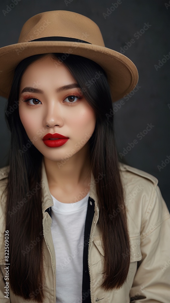 Potrait beautiful asian with girlfriend look makeup, wearing cloathing jacket and hat Potrait beautiful asian with girlfriend look makeup, wearing cloathing jacket and hat