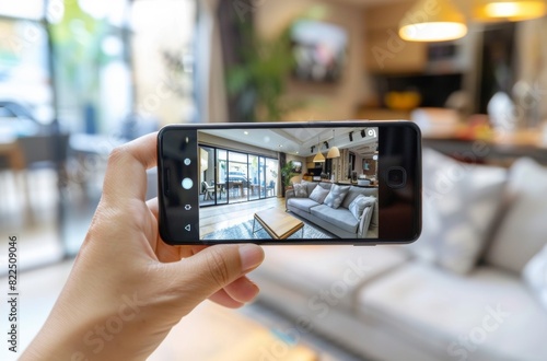 A person takes a photo of a stylish modern living room using a smartphone, showcasing interior design and technology.