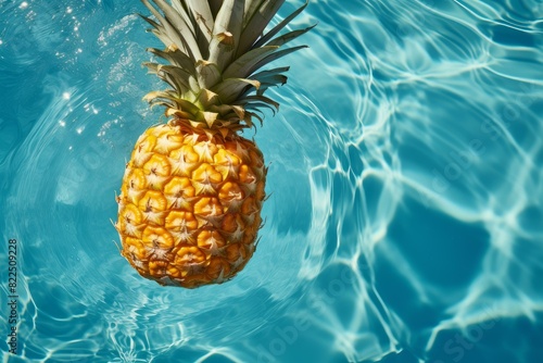 Ripe pineapple drifts on the clear blue water of a swimming pool, embodying a tropical summer vibe