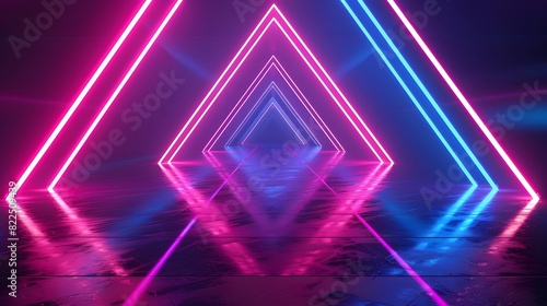 3D Render of Abstract Neon Background with Glowing Triangles
