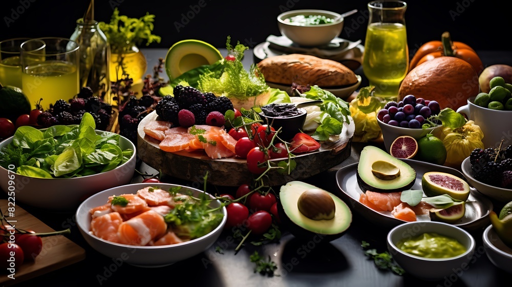 Elegant dining table with a variety of healthy and colorful foods, perfect for a brunch Elegant dining table with a variety of healthy and colorful foods, perfect for a brunch