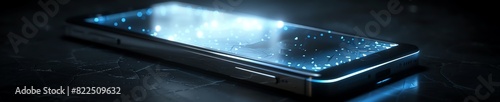 Black smartphone with glowing blue light on the screen.