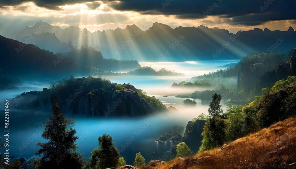 Sunlight dances through the misty valley, revealing secrets of the land.