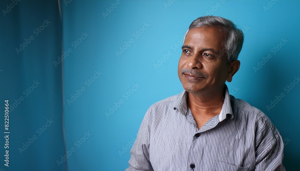 An Indian 65 years old men with a thinking expression on his face in front of the plain blue background An Indian 65 years old men with a thinking expression on his face in front of the plain blue background