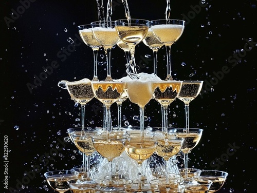 High fantasy: champagne flowing into a cascading pyramid of glasses, conveying the bold energy and essence of the moment.