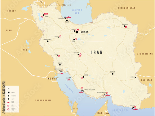 Iran map with military bases and neighbor countries.
Vector map illustration. Geopolitical set concept.