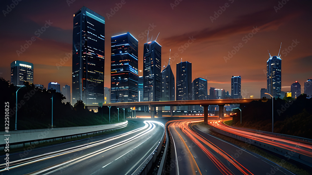 Obraz premium The light flow of traffic on an evening highway in a city with modern high buildings Background wallpaper.-generative AI