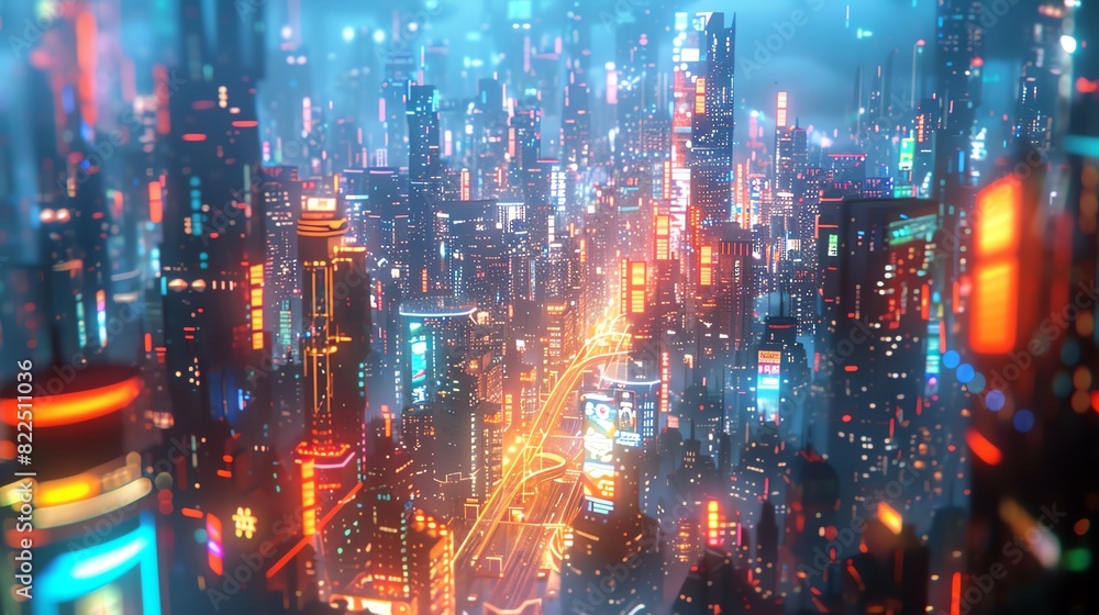 Fototapeta premium Futuristic cityscape with glowing neon lights and towering skyscrapers.