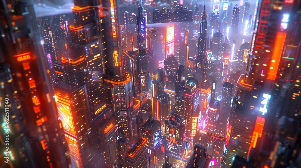 A futuristic cityscape with neon lights and rain reflecting on the wet streets.