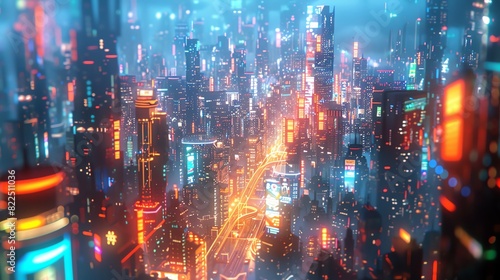Futuristic cityscape with glowing neon lights and towering skyscrapers.