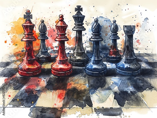 Watercolor painting of chess pieces, red and black, on a chessboard.  The king, queen, bishop, knight and rook are visible.  The background is abstract and colourful. photo