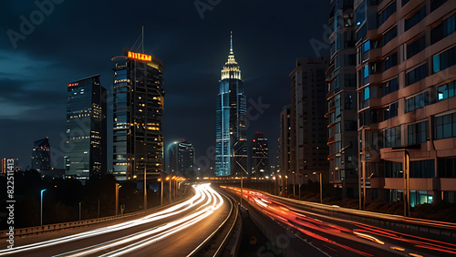 The light flow of traffic on an evening highway in a city with modern high buildings Background wallpaper.-generative AI