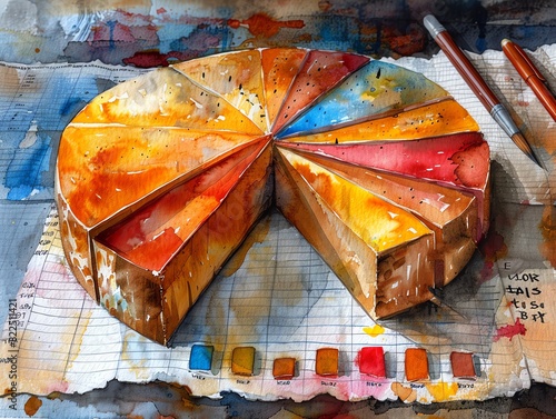 A watercolor painting of a colorful pie with a slice missing. photo