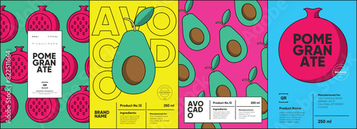 Set of labels, posters, and price tags features line art designs of fruits, specifically pomegranates and avocados, in a vibrant, minimalistic style.
