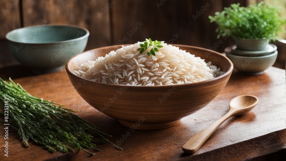A bowl of brown Japanese rice on a wooden countertop in a rustic kitchen. A bowl of brown Japanese rice on a wooden countertop in a rustic kitchen.